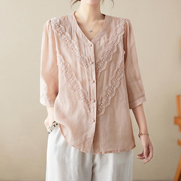 Buddha Stones Summer Solid V-Neck Lace-trimmed Women's Elbow-Length Sleeve Shirts - image 22