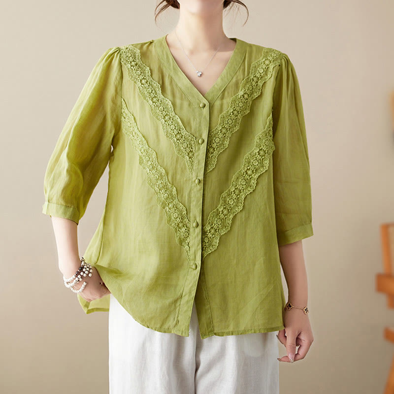 Buddha Stones Summer Solid V-Neck Lace-trimmed Women's Elbow-Length Sleeve Shirts - YellowGreen - US8-10，UK/AU12-14，EU40-42 (2XL) - image 0