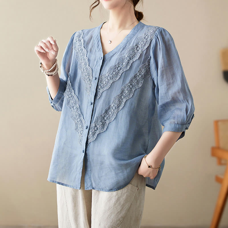 Buddha Stones Summer Solid V-Neck Lace-trimmed Women's Elbow-Length Sleeve Shirts - image 12