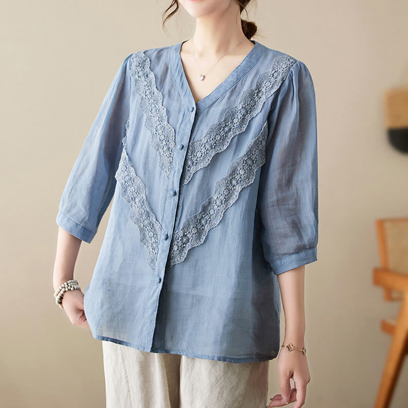Buddha Stones Summer Solid V-Neck Lace-trimmed Women's Elbow-Length Sleeve Shirts - image 13