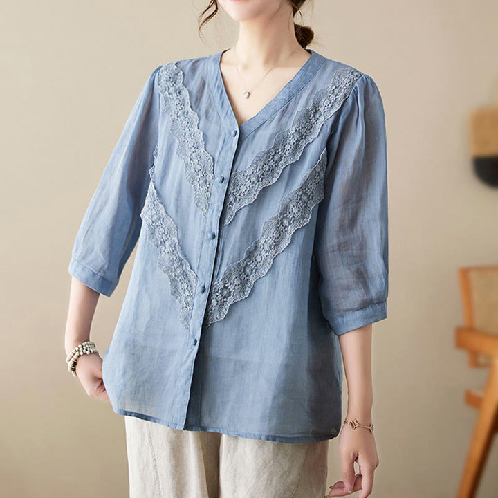 Buddha Stones Summer Solid V-Neck Lace-trimmed Women's Elbow-Length Sleeve Shirts - image 13