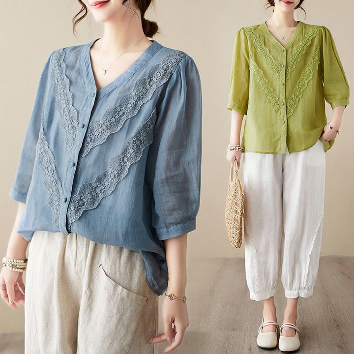 Buddha Stones Summer Solid V-Neck Lace-trimmed Women's Elbow-Length Sleeve Shirts - image 29