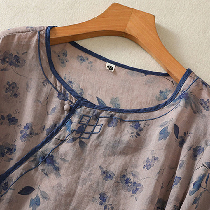 Buddha Stones Summer Frog Button Floral Crew Neck Women's Elbow-Length Sleeve Shirts - image 2
