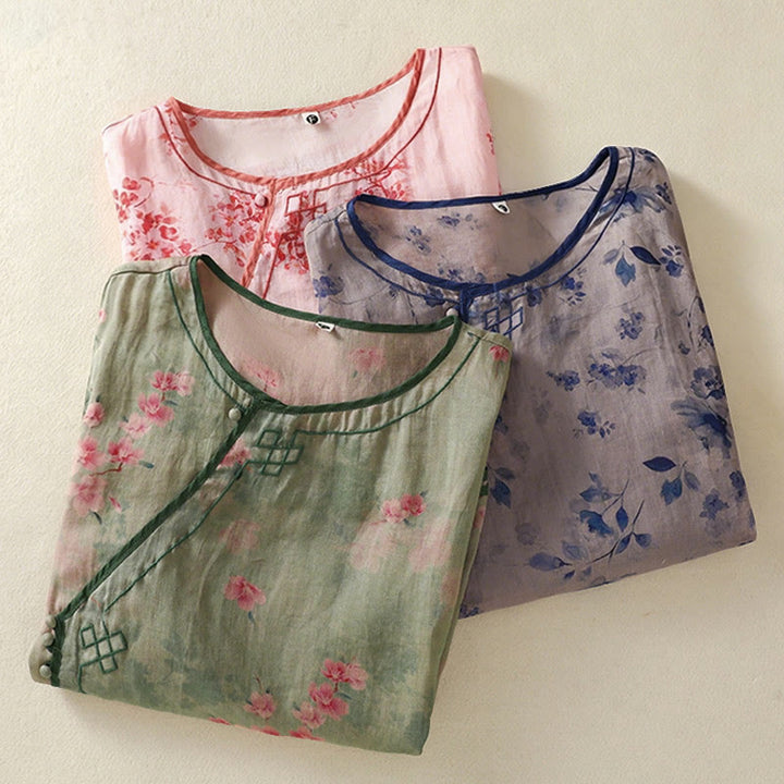 Buddha Stones Summer Frog Button Floral Crew Neck Women's Elbow-Length Sleeve Shirts - image 20