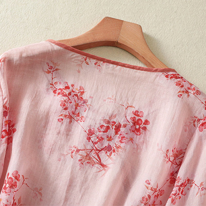 Buddha Stones Summer Frog Button Floral Crew Neck Women's Elbow-Length Sleeve Shirts - image 10