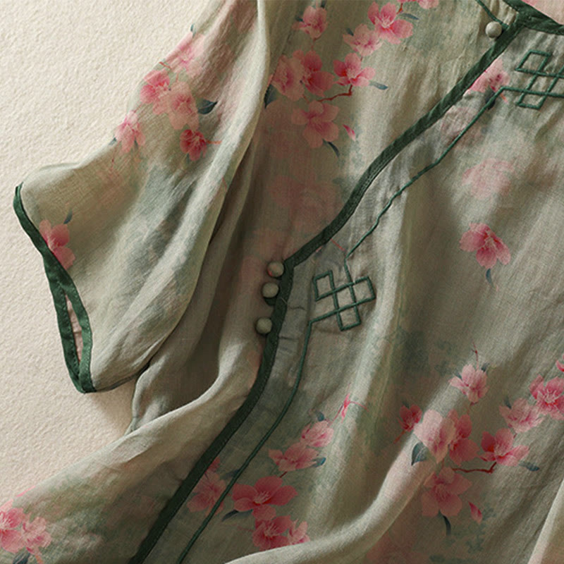 Buddha Stones Summer Frog Button Floral Crew Neck Women's Elbow-Length Sleeve Shirts - image 18