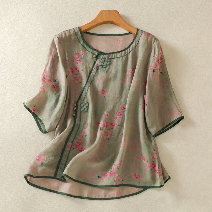 Buddha Stones Summer Frog Button Floral Crew Neck Women's Elbow-Length Sleeve Shirts - DarkSeaGreen - US8-10，UK/AU12-14，EU40-42 (2XL) - image 15