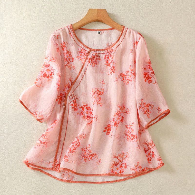 Buddha Stones Summer Frog Button Floral Crew Neck Women's Elbow-Length Sleeve Shirts - LightPink - US8-10，UK/AU12-14，EU40-42 (2XL) - image 7