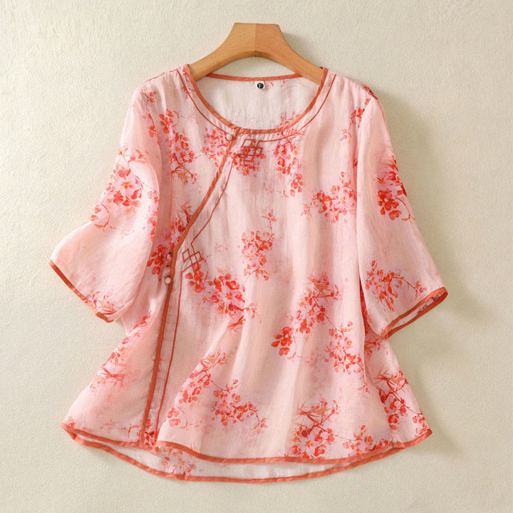 Buddha Stones Summer Frog Button Floral Crew Neck Women's Elbow-Length Sleeve Shirts - LightPink - US8-10，UK/AU12-14，EU40-42 (2XL) - image 7