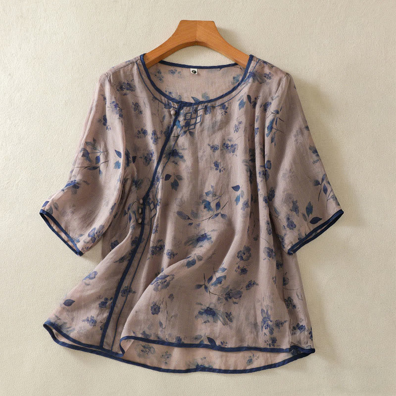 Buddha Stones Summer Frog Button Floral Crew Neck Women's Elbow-Length Sleeve Shirts - Thistle - US8-10，UK/AU12-14，EU40-42 (2XL) - image 0