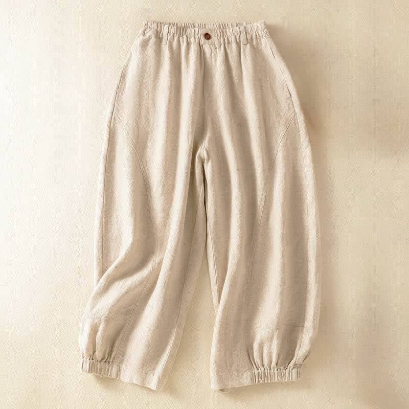 Buddha Stones Summer Casual Solid Cropped Elastic Waist Women's Harem Pants With Pockets - Linen - US8-10，UK/AU12-14，EU40-42 (2XL) - image 0