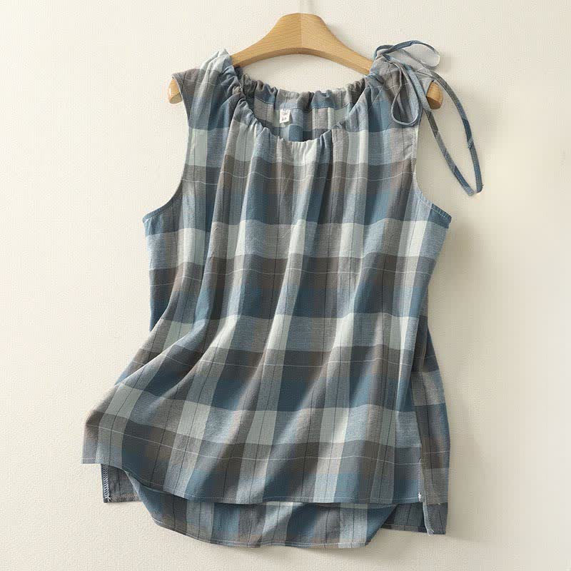 Buddha Stones Summer Casual Crew Neck Plaid Pattern Women's Sleeveless Shirts Tank Top - CadetBlue - US14，UK/AU18，EU46 (2XL) - image 13