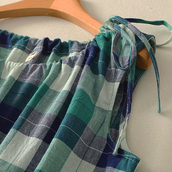 Buddha Stones Summer Casual Crew Neck Plaid Pattern Women's Sleeveless Shirts Tank Top - image 1