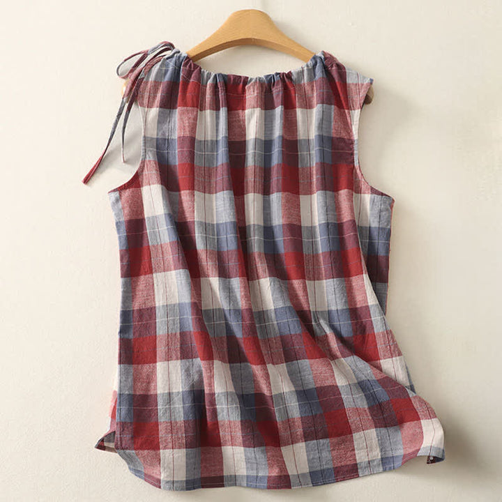 Buddha Stones Summer Casual Crew Neck Plaid Pattern Women's Sleeveless Shirts Tank Top - image 5