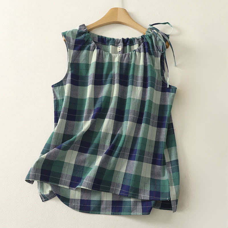 Buddha Stones Summer Casual Crew Neck Plaid Pattern Women's Sleeveless Shirts Tank Top - SeaGreen - US14，UK/AU18，EU46 (2XL) - image 0