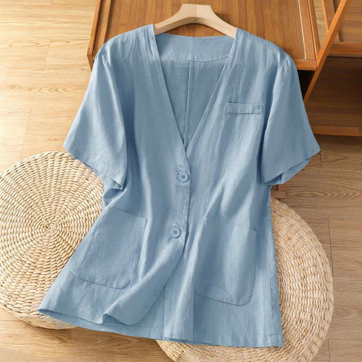 Buddha Stones Summer Casual Button-Up Solid V-Neck Women's Short Sleeve Shirts With Pockets - LightSteelBlue - US8-10，UK/AU12-14，EU40-42 (2XL) - image 9