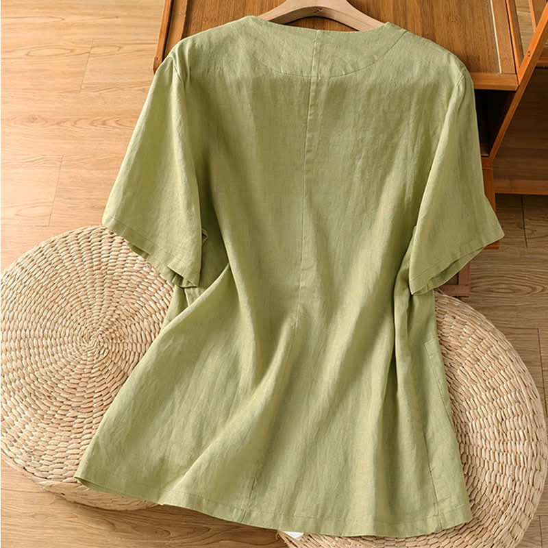 Buddha Stones Summer Casual Button-Up Solid V-Neck Women's Short Sleeve Shirts With Pockets - image 1