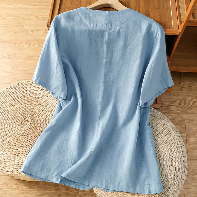 Buddha Stones Summer Casual Button-Up Solid V-Neck Women's Short Sleeve Shirts With Pockets - image 10