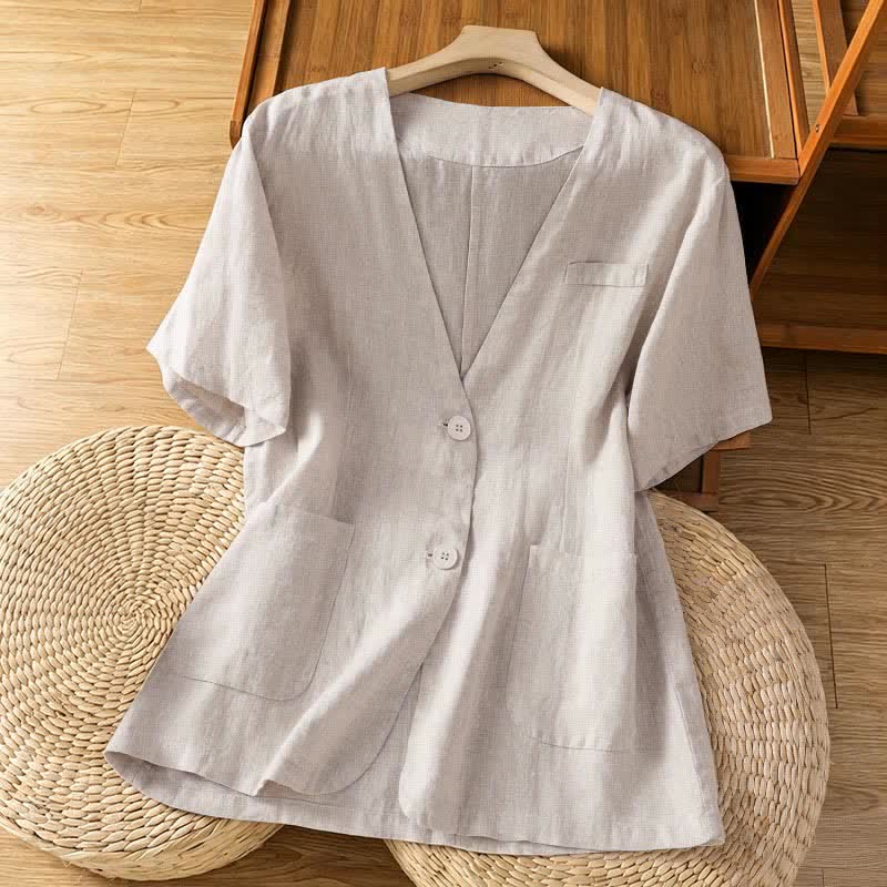 Buddha Stones Summer Casual Button-Up Solid V-Neck Women's Short Sleeve Shirts With Pockets - Beige - US8-10，UK/AU12-14，EU40-42 (2XL) - image 17