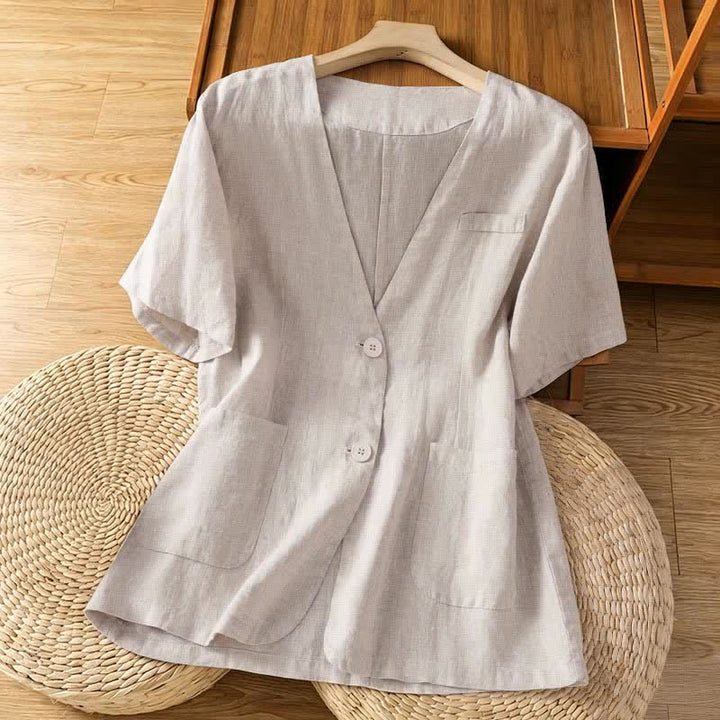 Buddha Stones Summer Casual Button-Up Solid V-Neck Women's Short Sleeve Shirts With Pockets - Beige - US8-10，UK/AU12-14，EU40-42 (2XL) - image 17