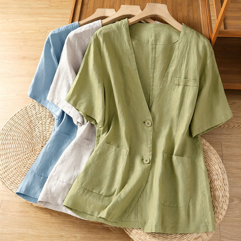 Buddha Stones Summer Casual Button-Up Solid V-Neck Women's Short Sleeve Shirts With Pockets - image 26