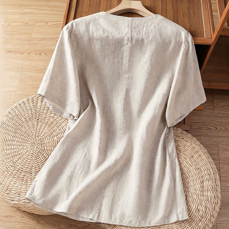Buddha Stones Summer Casual Button-Up Solid V-Neck Women's Short Sleeve Shirts With Pockets - image 18