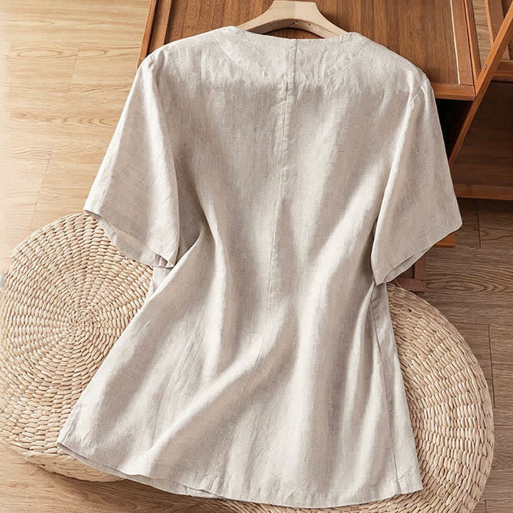 Buddha Stones Summer Casual Button-Up Solid V-Neck Women's Short Sleeve Shirts With Pockets - image 18