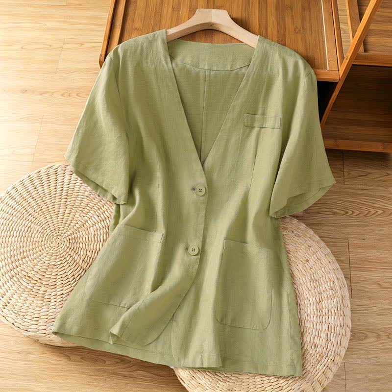 Buddha Stones Summer Casual Button-Up Solid V-Neck Women's Short Sleeve Shirts With Pockets - PaleGreen - US8-10，UK/AU12-14，EU40-42 (2XL) - image 0