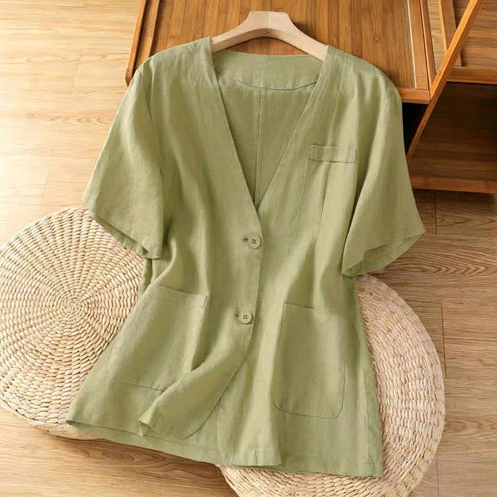 Buddha Stones Summer Casual Button-Up Solid V-Neck Women's Short Sleeve Shirts With Pockets - PaleGreen - US8-10，UK/AU12-14，EU40-42 (2XL) - image 0