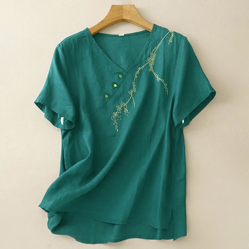 Buddha Stones Summer Vintage Solid Embroidery Decorative Buttons Women's Short Sleeve Shirts - CadetBlue - US8-10，UK/AU12-14，EU40-42 (2XL) - image 0
