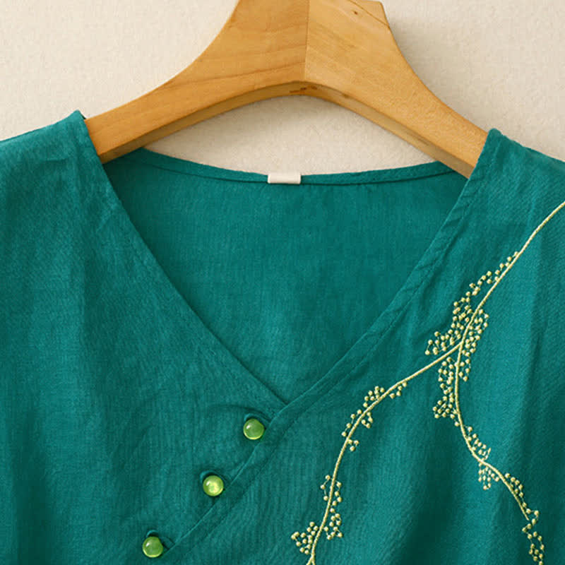 Buddha Stones Summer Vintage Solid Embroidery Decorative Buttons Women's Short Sleeve Shirts - image 1