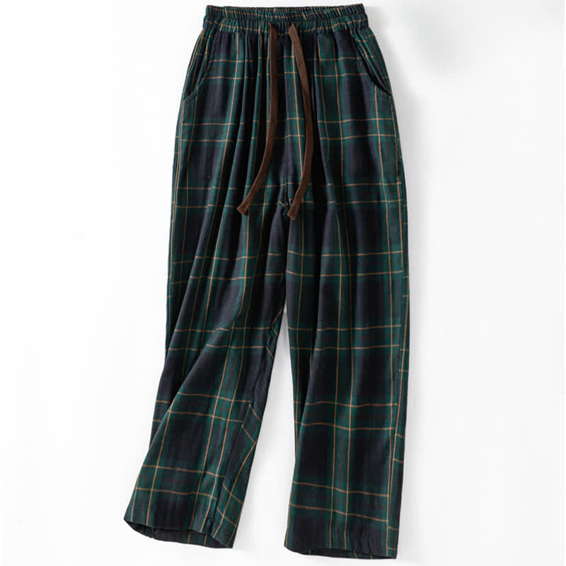 Buddha Stones Spring Casual Drawstring Plaid Pattern Elastic Waist Cropped Women's Harem Pants With Pockets - Teal - US12，UK/AU16，EU44 (2XL) - image 0