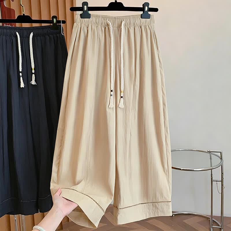Buddha Stones Spring Summer Casual Drawstring Solid Cropped Women's Wide Leg Pants With Pockets - Khaki - US12, UK/AU16, EU44 (2XL) - image 0