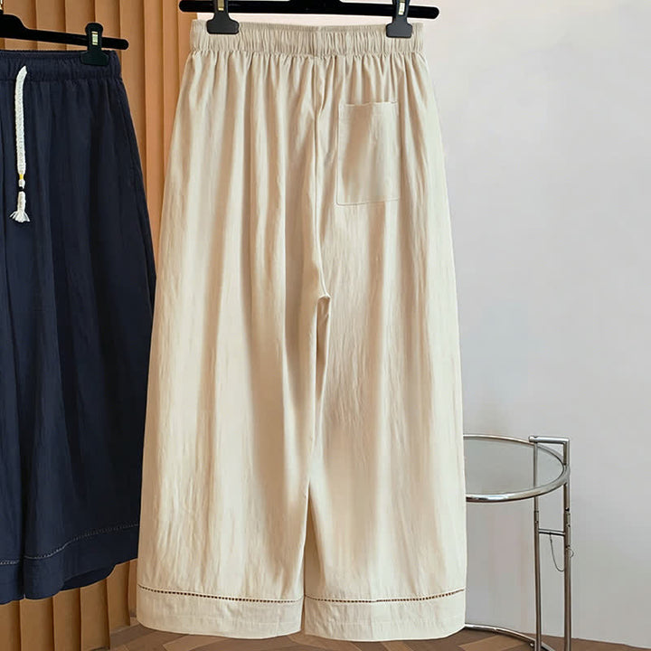 Buddha Stones Spring Summer Casual Drawstring Solid Cropped Women's Wide Leg Pants With Pockets - image 1