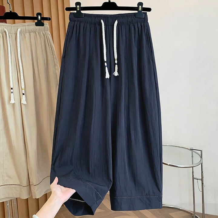 Buddha Stones Spring Summer Casual Drawstring Solid Cropped Women's Wide Leg Pants With Pockets - MidnightBlue - US12, UK/AU16, EU44 (2XL) - image 11