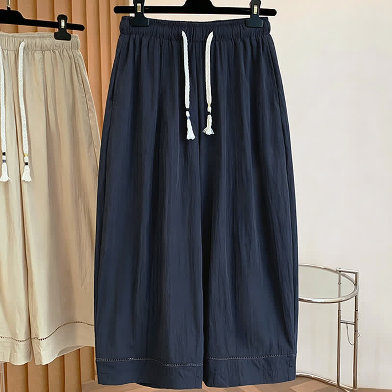 Buddha Stones Spring Summer Casual Drawstring Solid Cropped Women's Wide Leg Pants With Pockets - image 12