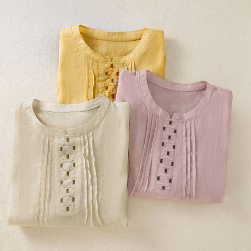 Buddha Stones Summer Casual Solid Embroidery Pleated Front Women's Short Sleeve T-Shirts - image 23