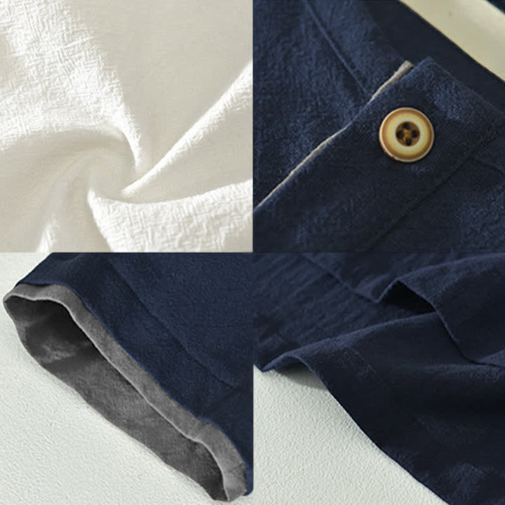Buddha Stones Summer Casual Minimalist Two Buttons Solid Cotton Linen Men's Short Sleeve Shirts - image 16