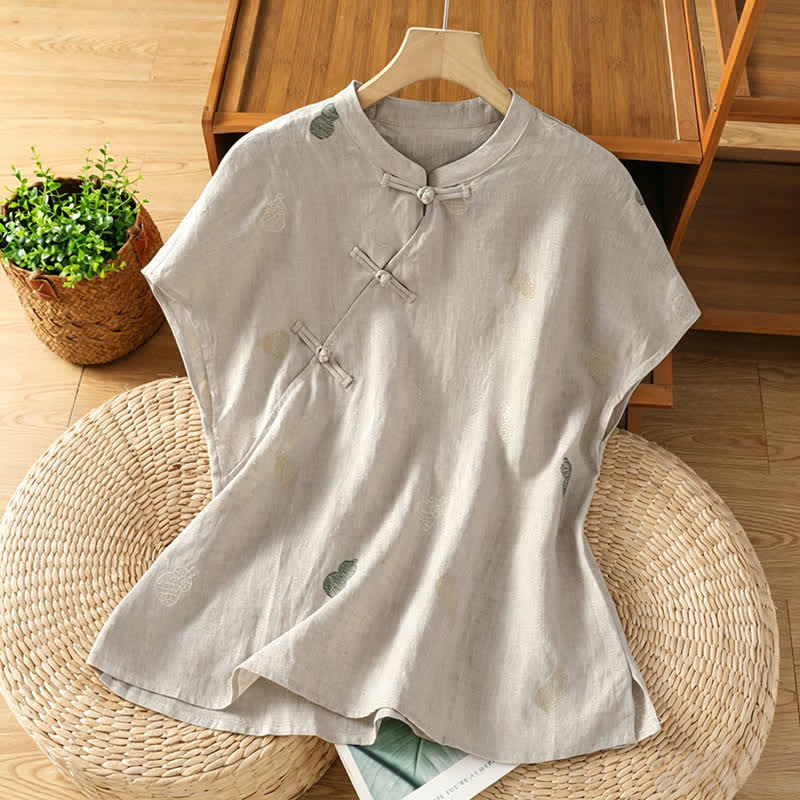Buddha Stones Summer Tang Style Mandarin Collar Frog Button Gourd Embroidery Women's Short Sleeve Shirts - Linen - US12, UK/AU16, EU44 (2XL) - image 12