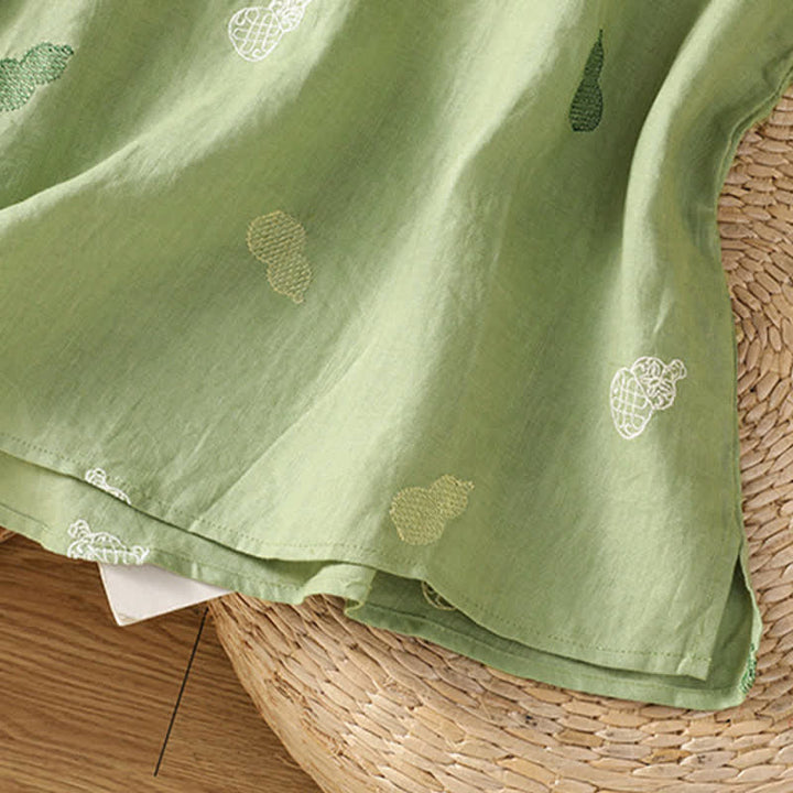 Buddha Stones Summer Tang Style Mandarin Collar Frog Button Gourd Embroidery Women's Short Sleeve Shirts - image 5