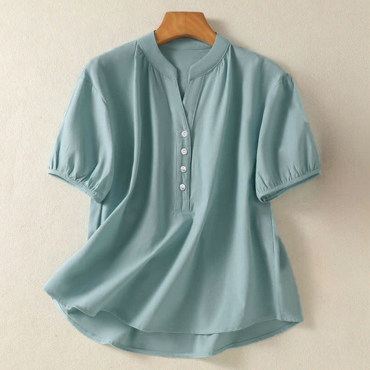 Buddha Stones Summer Casual Mandarin Collar Half Button Solid Puff Sleeve Women's Short Sleeve Shirts - CadetBlue - US8-10, UK/AU12-14, EU40-42 (2XL) - image 0