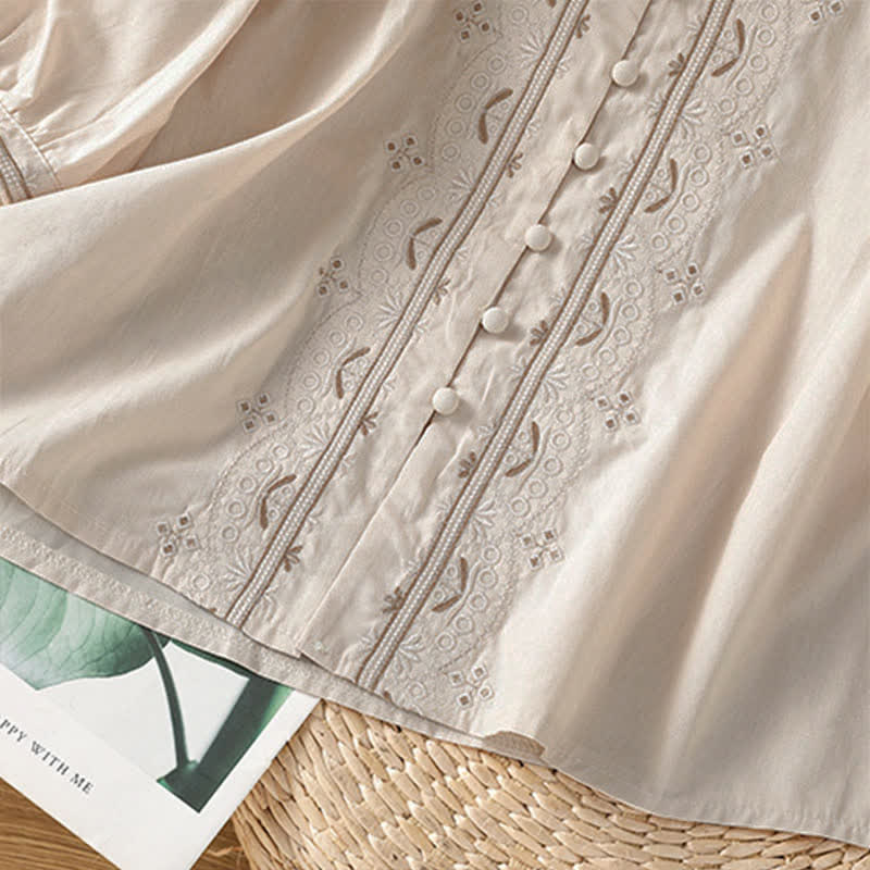 Buddha Stones Summer Vintage Geometric Embroidery Button-Up Solid Women's Short Sleeve Shirts - image 4