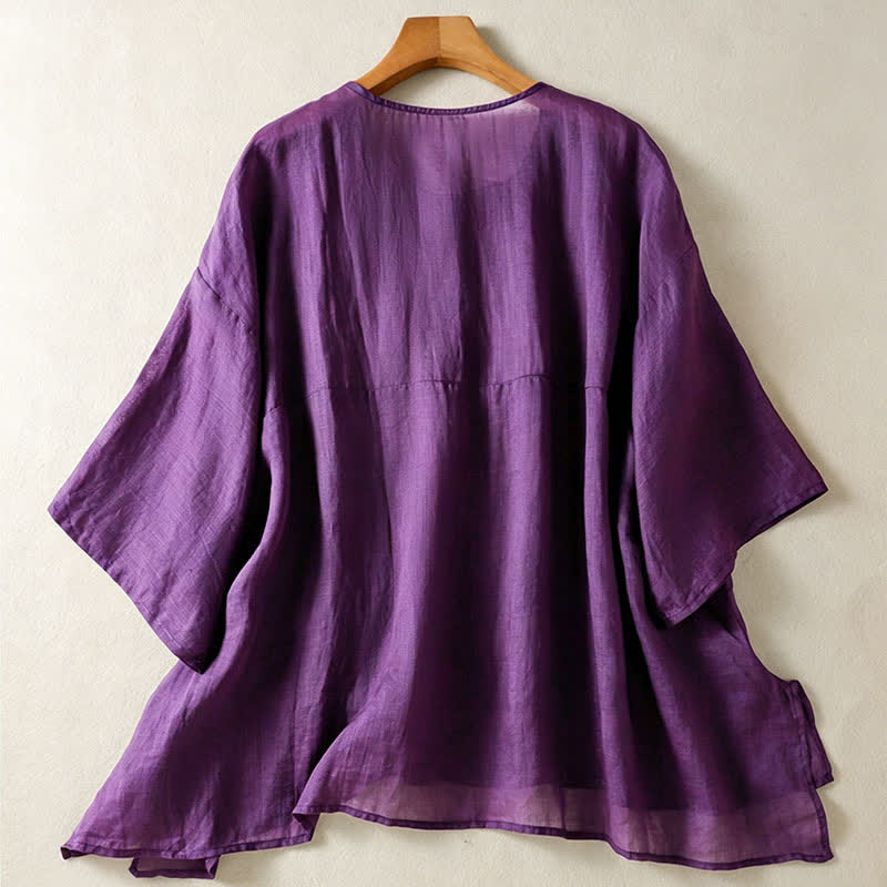 Buddha Stones Summer Casual Boho Patch Pocket Half Button Solid Bell Sleeve Women's Short Sleeve Shirts - image 1