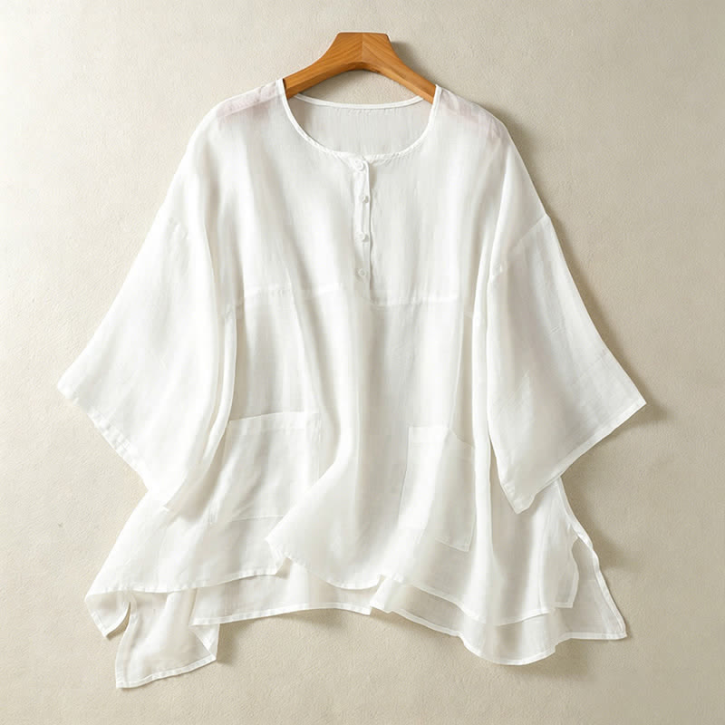 Buddha Stones Summer Casual Boho Patch Pocket Half Button Solid Bell Sleeve Women's Short Sleeve Shirts - White - US14, UK/AU18, EU46 (2XL) - image 16