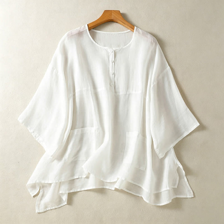Buddha Stones Summer Casual Boho Patch Pocket Half Button Solid Bell Sleeve Women's Short Sleeve Shirts - White - US14, UK/AU18, EU46 (2XL) - image 16