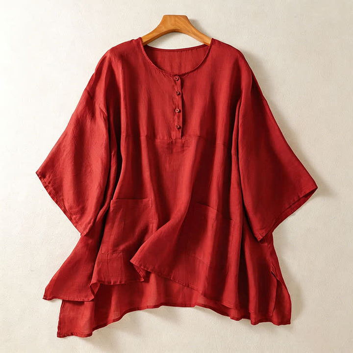 Buddha Stones Summer Casual Boho Patch Pocket Half Button Solid Bell Sleeve Women's Short Sleeve Shirts - Firebrick - US14, UK/AU18, EU46 (2XL) - image 8