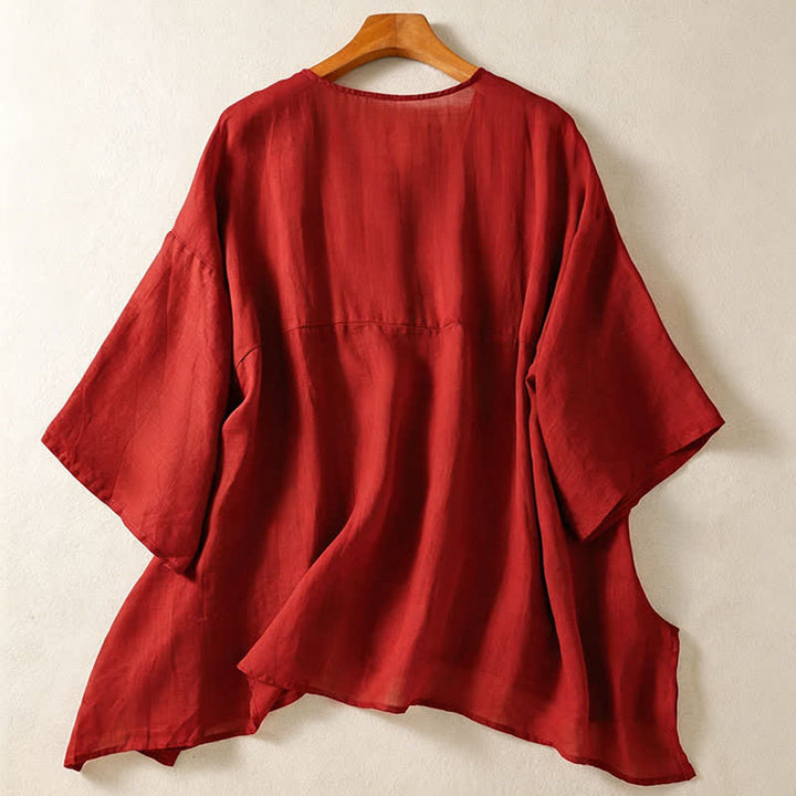 Buddha Stones Summer Casual Boho Patch Pocket Half Button Solid Bell Sleeve Women's Short Sleeve Shirts - image 9
