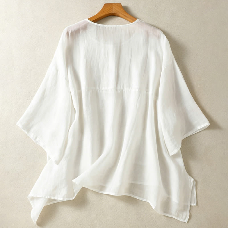 Buddha Stones Summer Casual Boho Patch Pocket Half Button Solid Bell Sleeve Women's Short Sleeve Shirts - image 17