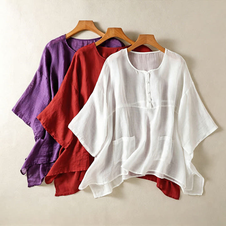Buddha Stones Summer Casual Boho Patch Pocket Half Button Solid Bell Sleeve Women's Short Sleeve Shirts - image 24