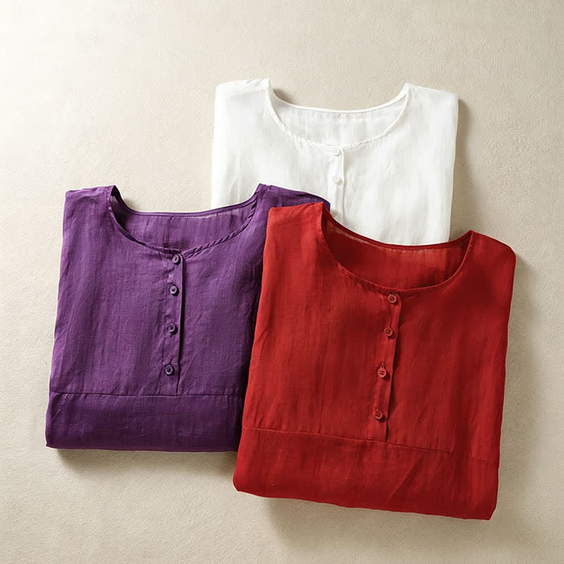 Buddha Stones Summer Casual Boho Patch Pocket Half Button Solid Bell Sleeve Women's Short Sleeve Shirts - image 25